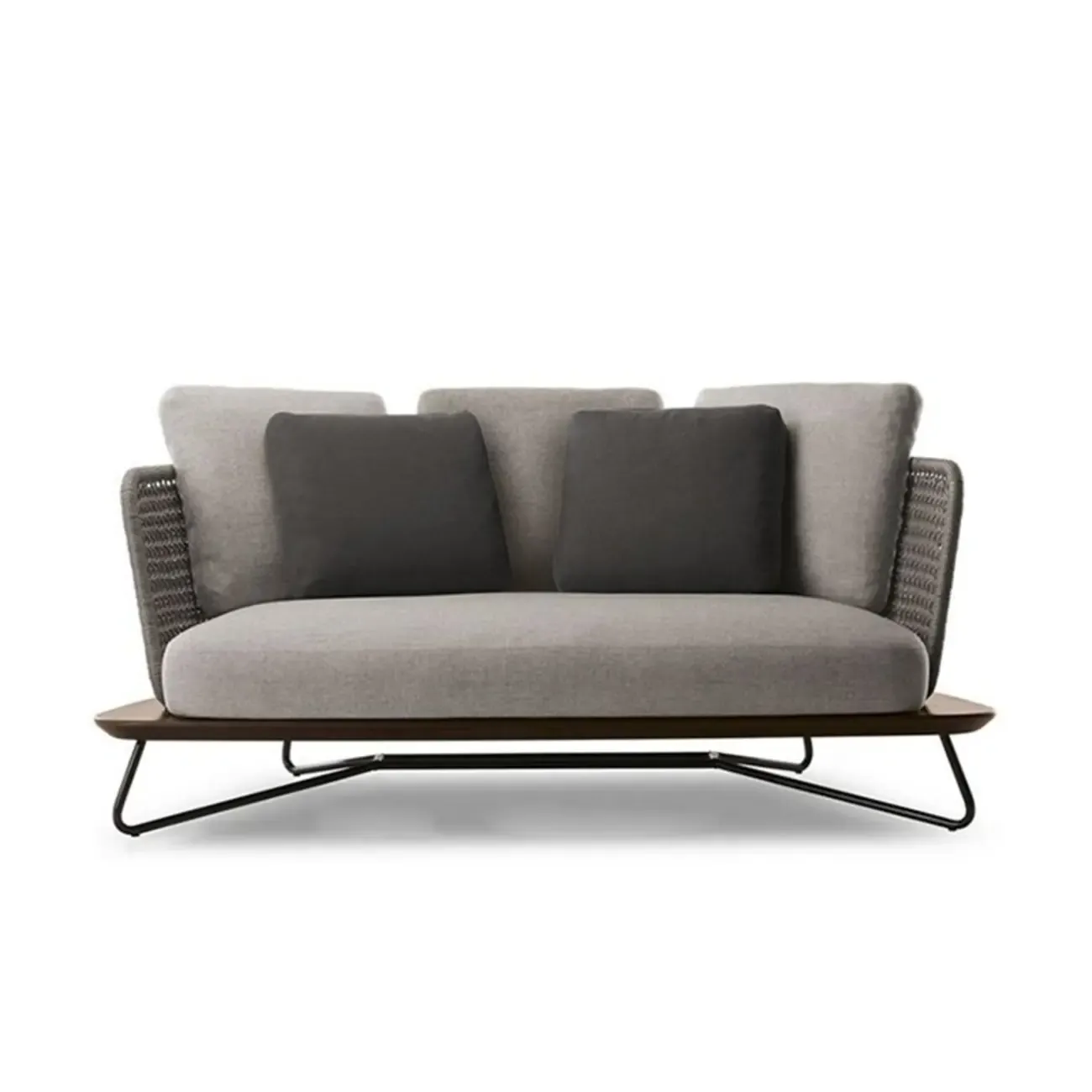 Modern Grey Rope Woven Patio Sofa with Wood Frame Image - 5