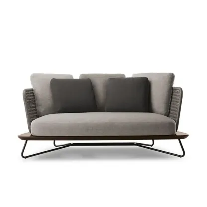 Modern Grey Rope Woven Patio Sofa with Wood Frame Image - 5
