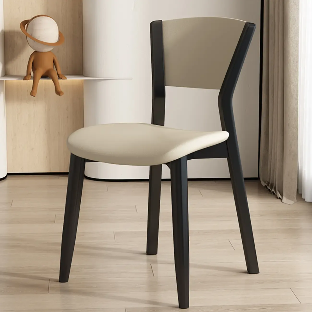 Simple Wooden Open Back Faux Leather Upholstered Dining Chair Image - 11