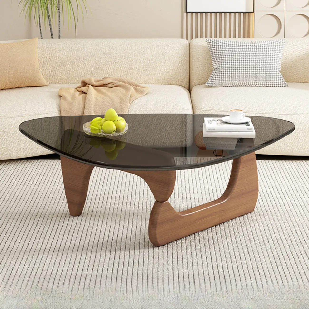 Triangular Glass Top Modern Wood Base Coffee Table Image - 2 | homeyfad