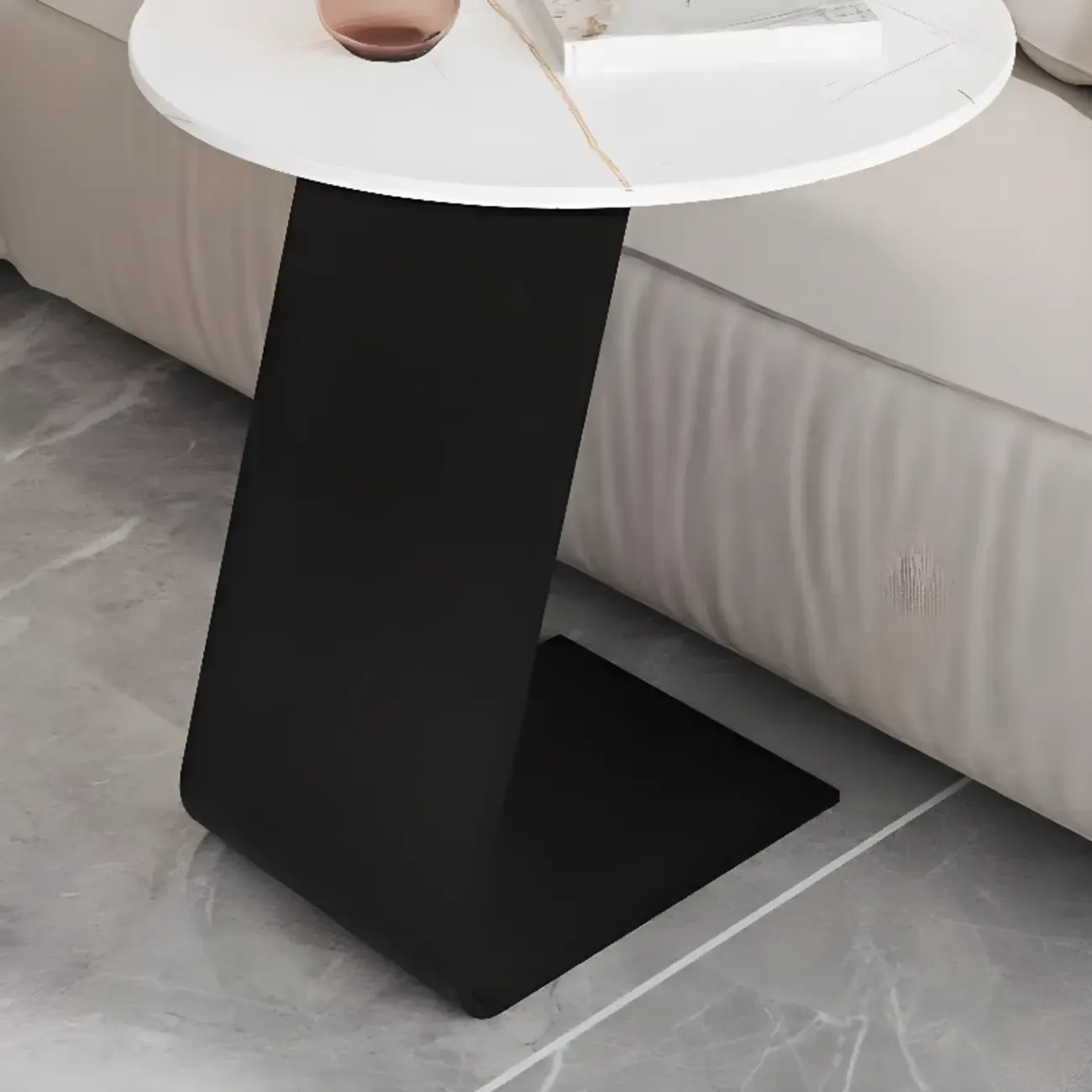 Black Metal Base Round C-Shaped Marble Side Table for Couch Image - 13