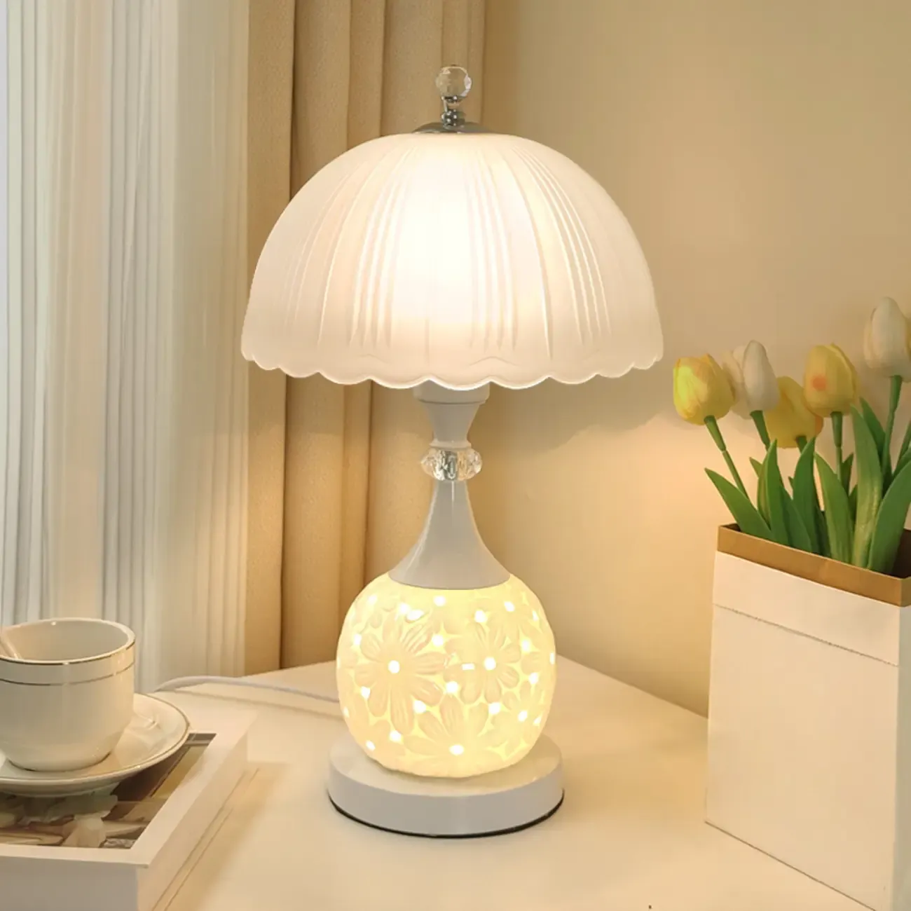 Hollow Floral Ceramic Desk Lamp with Glass Shade for Bedroom Image - 1