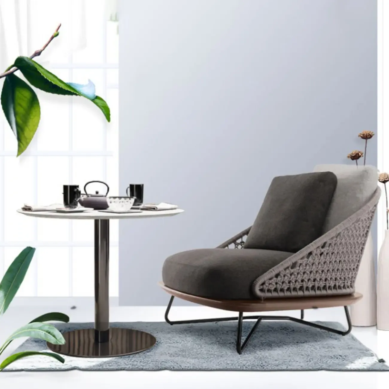 Modern Grey Rope Woven Patio Sofa with Wood Frame Image - 7