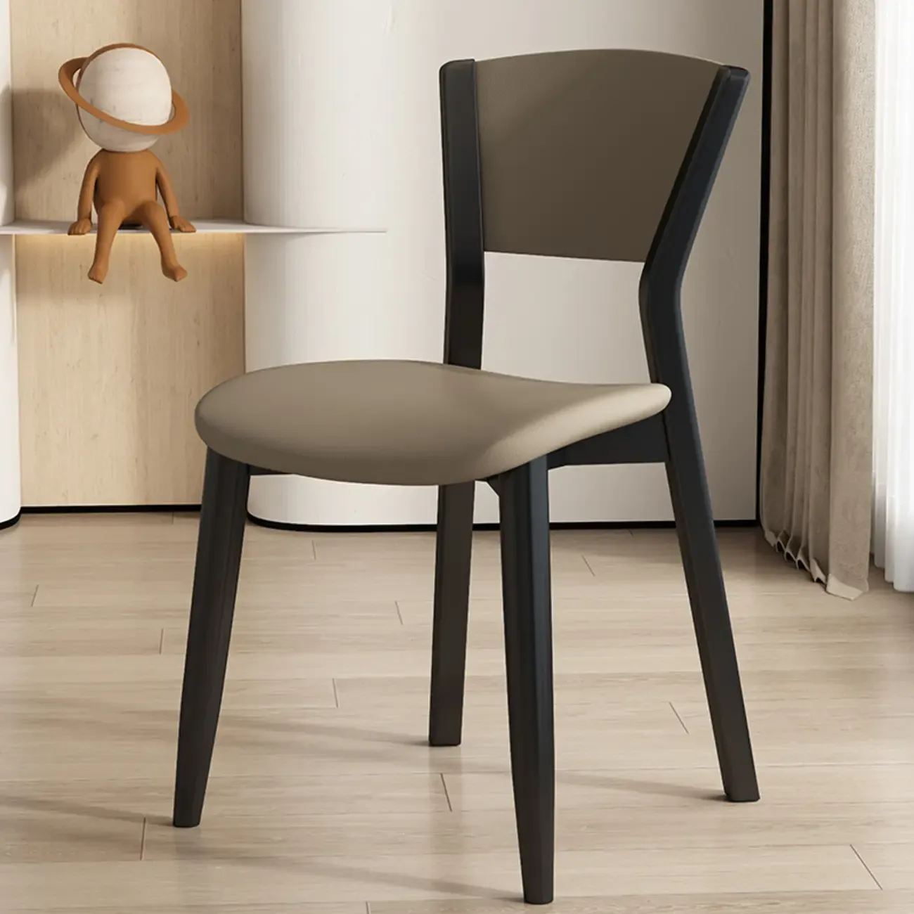 Simple Wooden Open Back Faux Leather Upholstered Dining Chair Image - 12