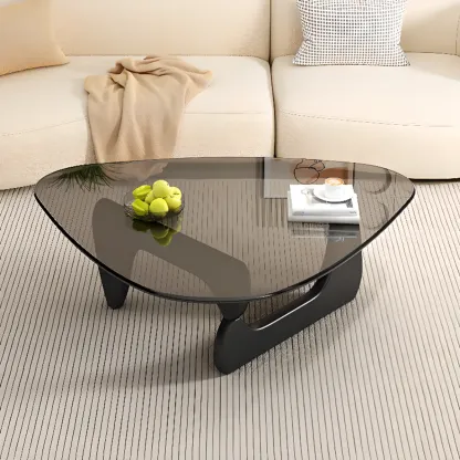 Triangular Glass Top Modern Wood Base Coffee Table Image - 5
