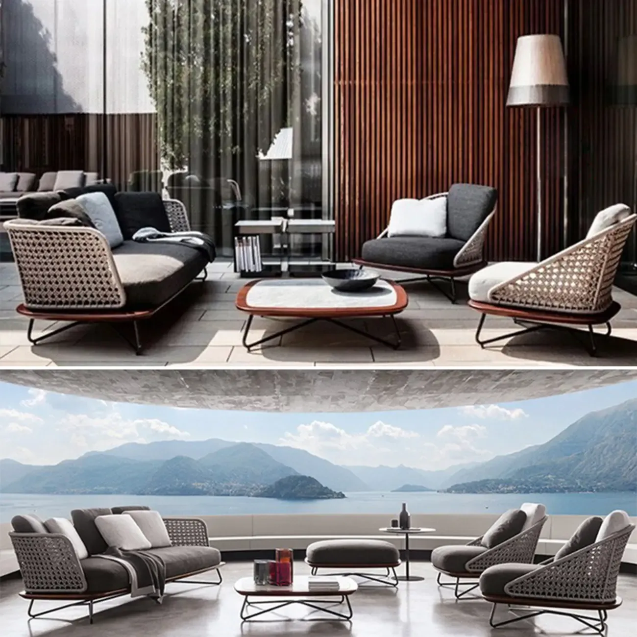 Modern Grey Rope Woven Patio Sofa with Wood Frame Image - 8