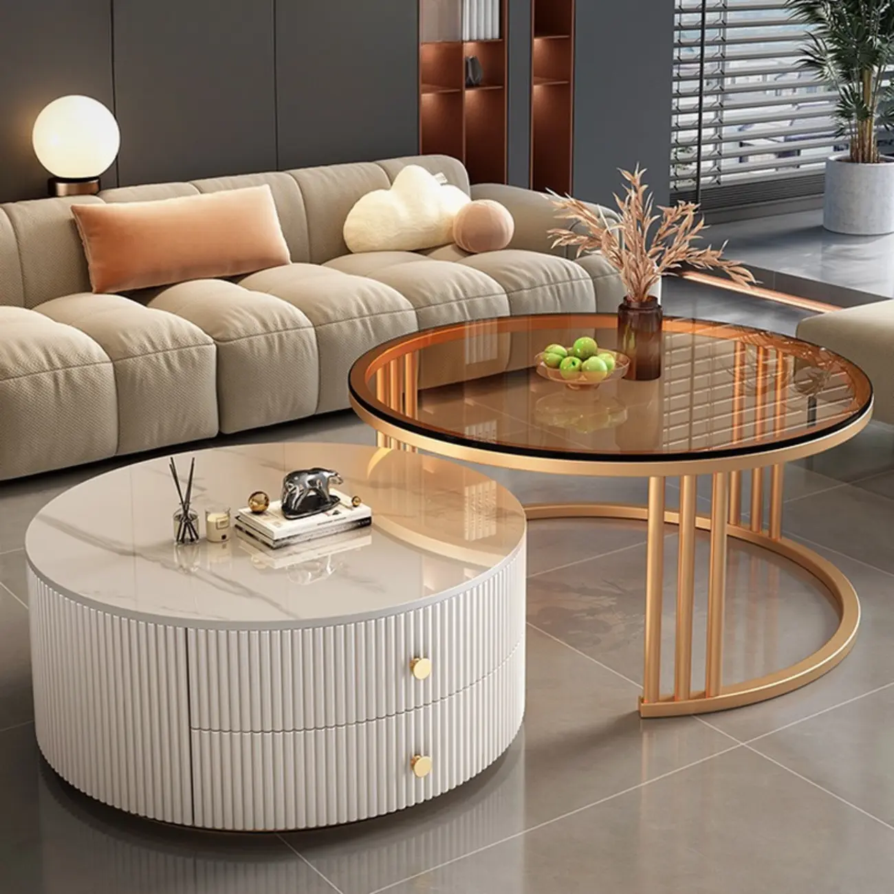 Modern White Round Nesting Coffee Table Set with Steel Base Image - 2 | homeyfad