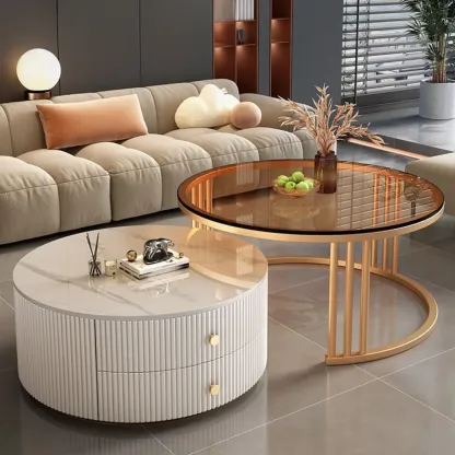 Modern White Round Nesting Coffee Table Set with Steel Base Image - 2