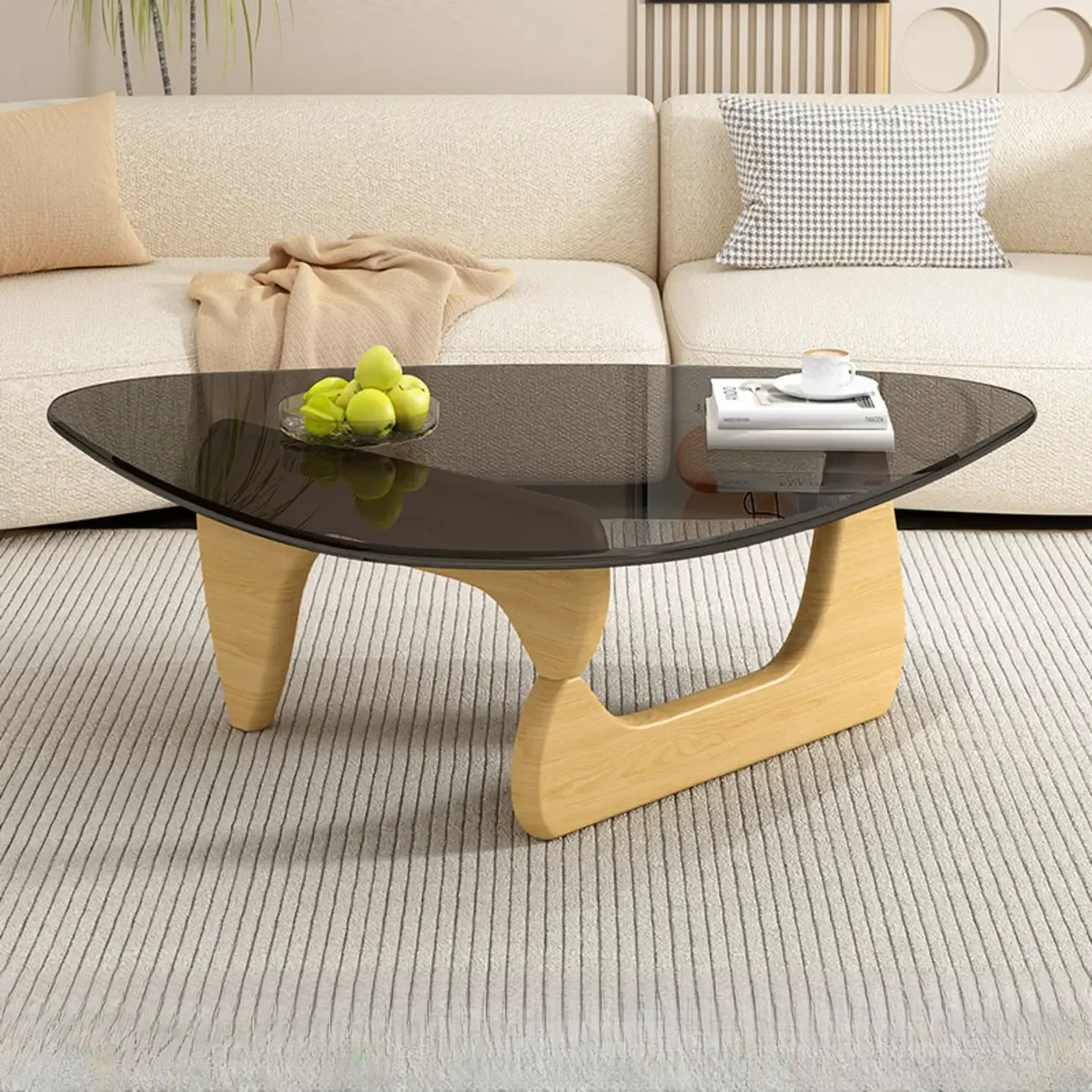 Triangular Glass Top Modern Wood Base Coffee Table Image - 3