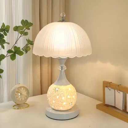Hollow Floral Ceramic Desk Lamp with Glass Shade for Bedroom Image - 3