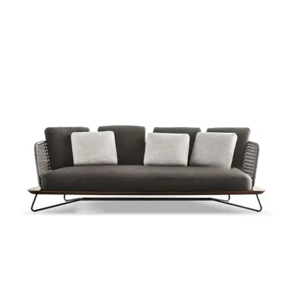 Modern Grey Rope Woven Patio Sofa with Wood Frame Image - 9