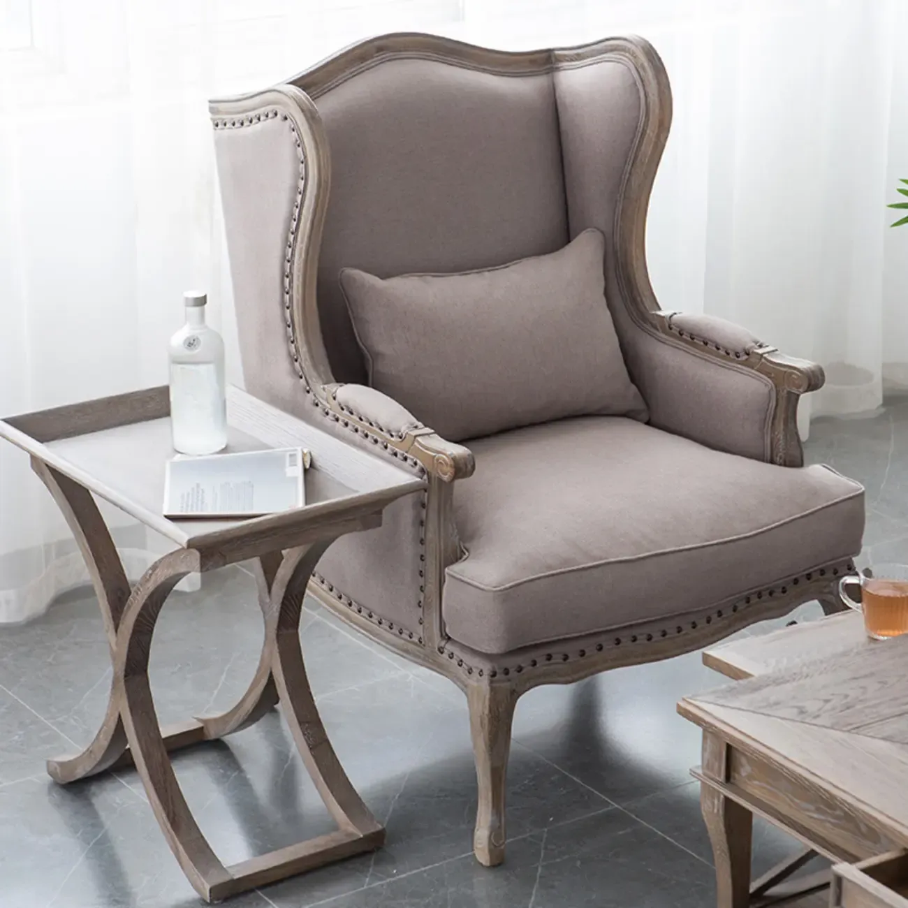 Elegant Cotton & Linen Wingback Chair for Living Room Image - 4
