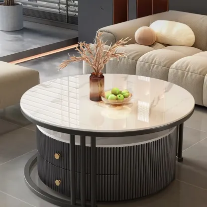 Modern White Round Nesting Coffee Table Set with Steel Base Image - 3