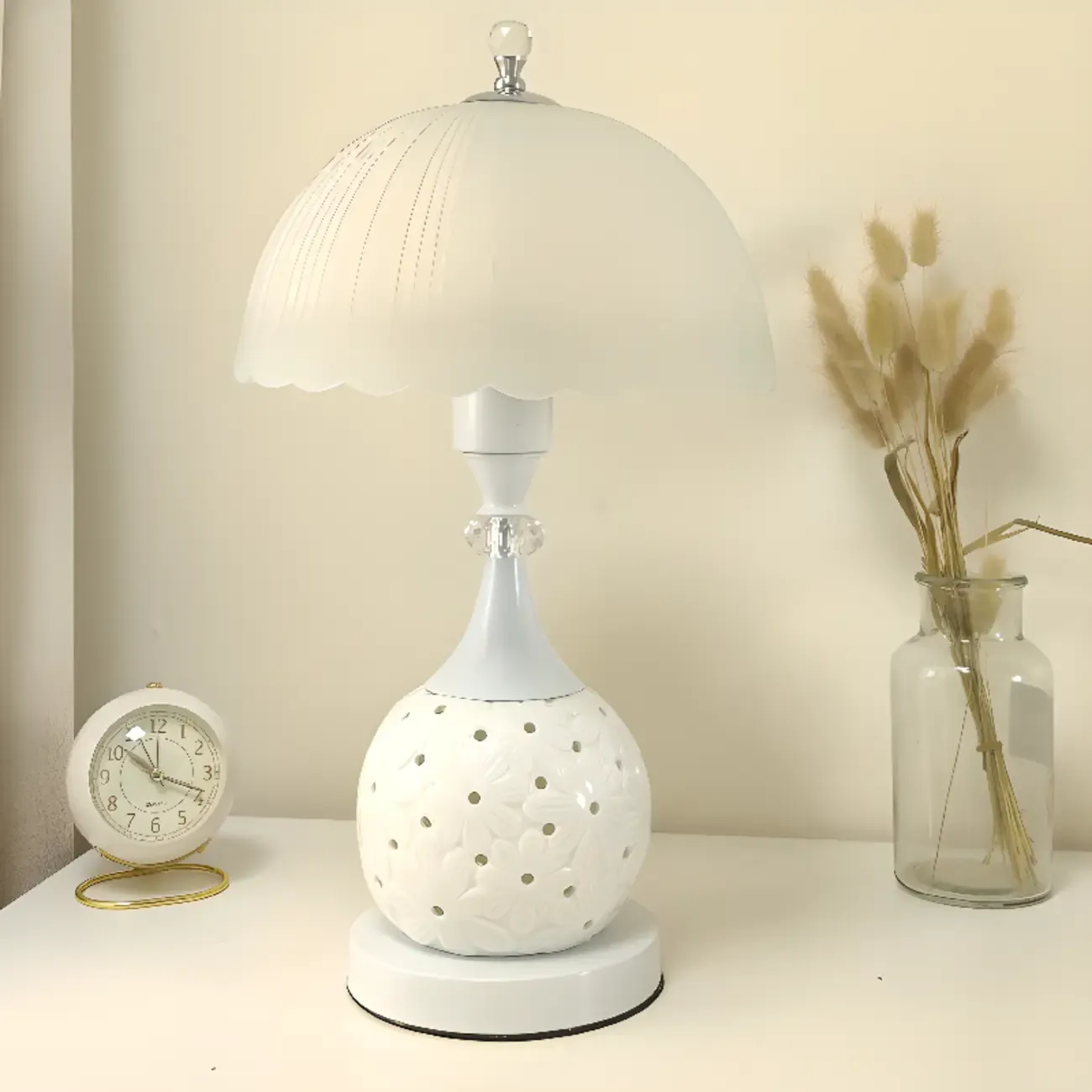 Hollow Floral Ceramic Desk Lamp with Glass Shade for Bedroom Image - 4