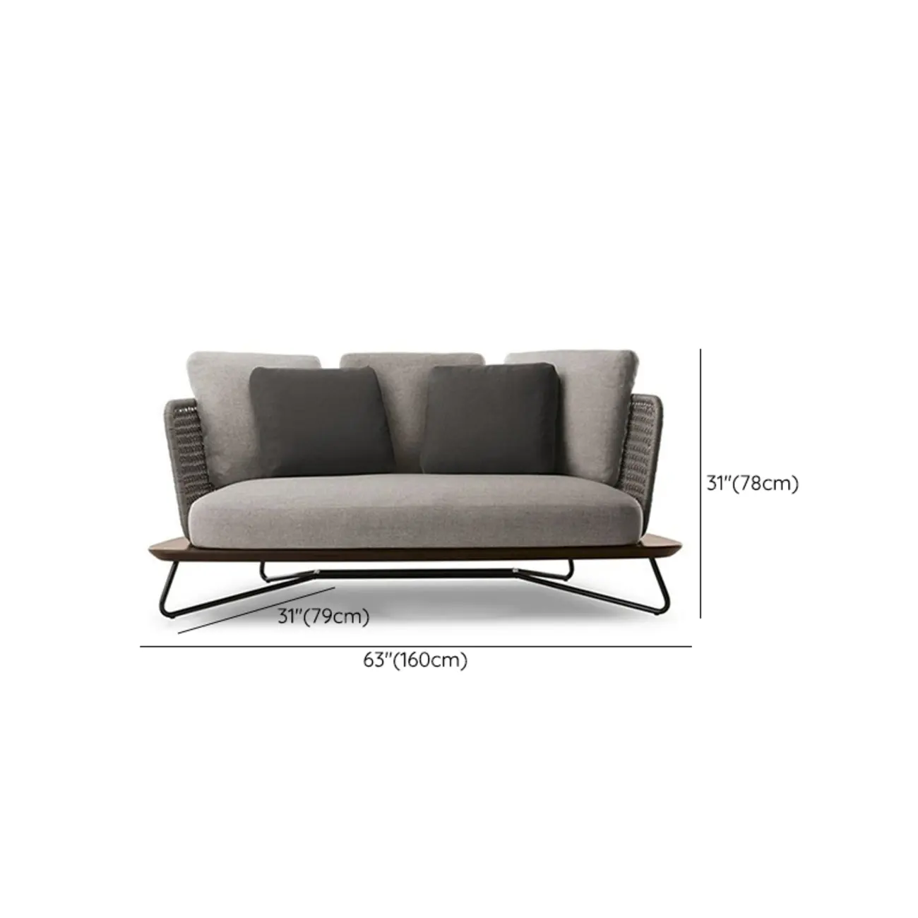 Modern Grey Rope Woven Patio Sofa with Wood Frame #size