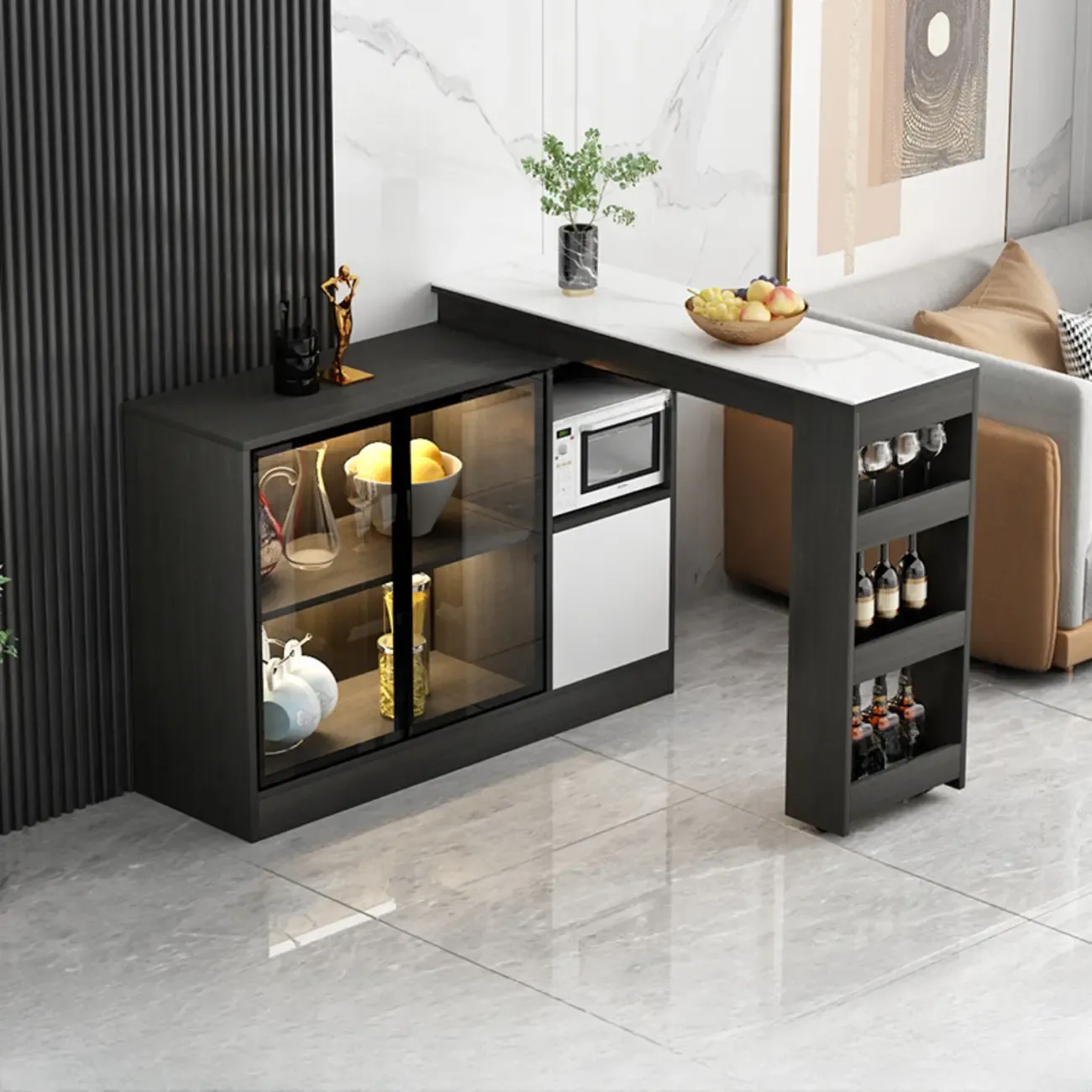 Modern Brown Counter Bar Table with Wine Cabinet Storage for Living Room Image - 10