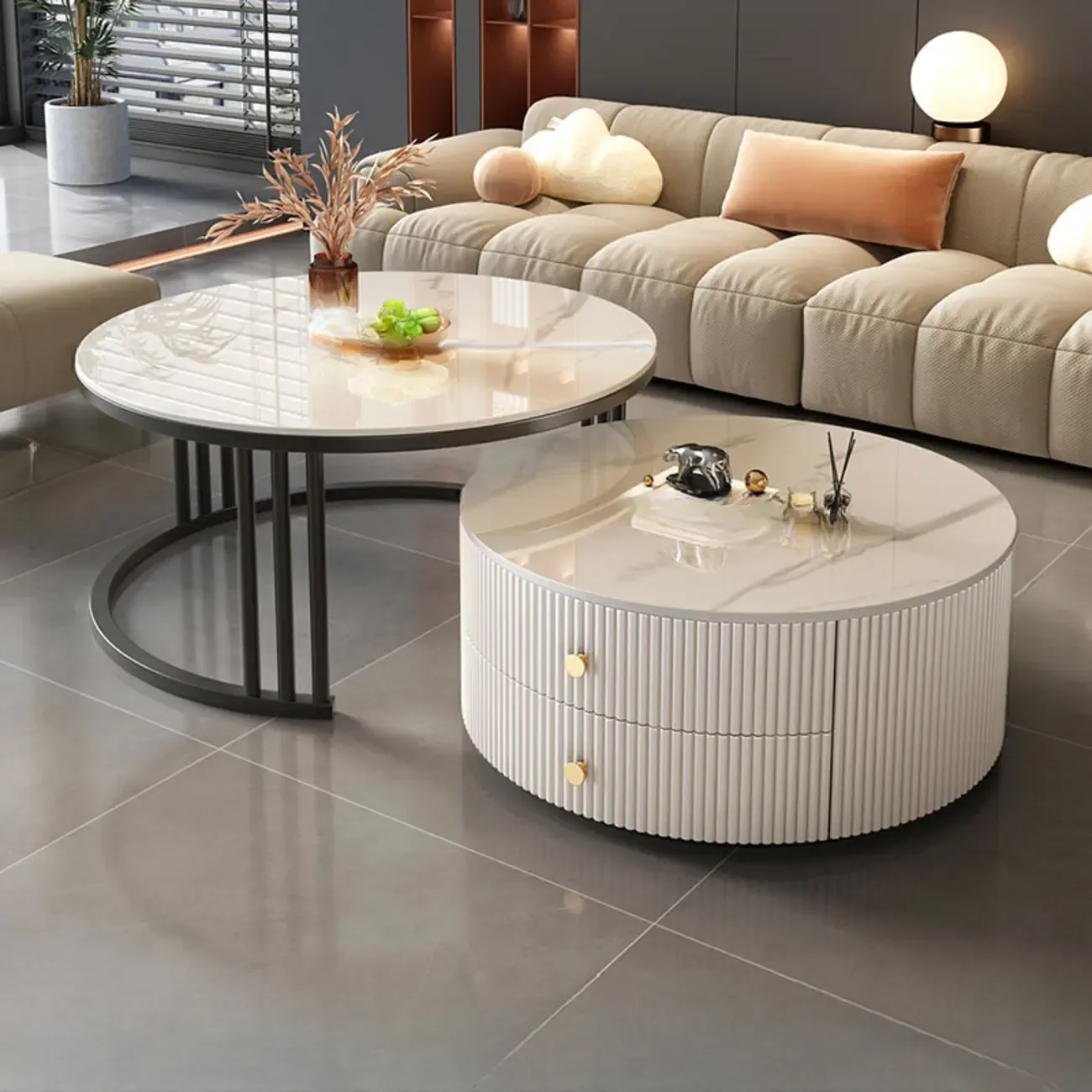 Modern White Round Nesting Coffee Table Set with Steel Base Image - 4