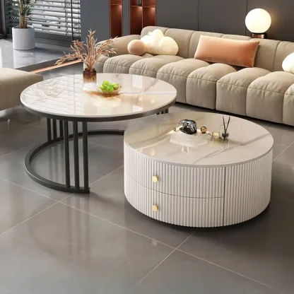 Modern White Round Nesting Coffee Table Set with Steel Base Image - 4