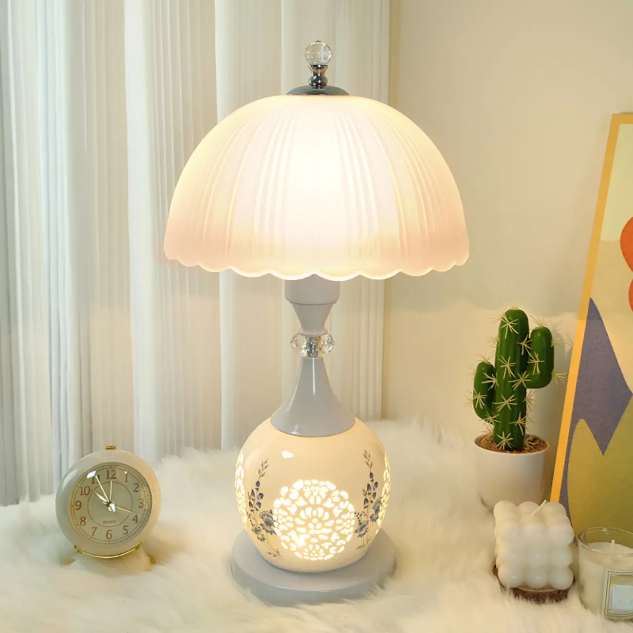 Hollow Floral Ceramic Desk Lamp with Glass Shade for Bedroom Image - 5 | homeyfad