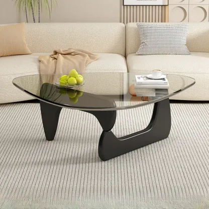 Triangular Glass Top Modern Wood Base Coffee Table Image - 10