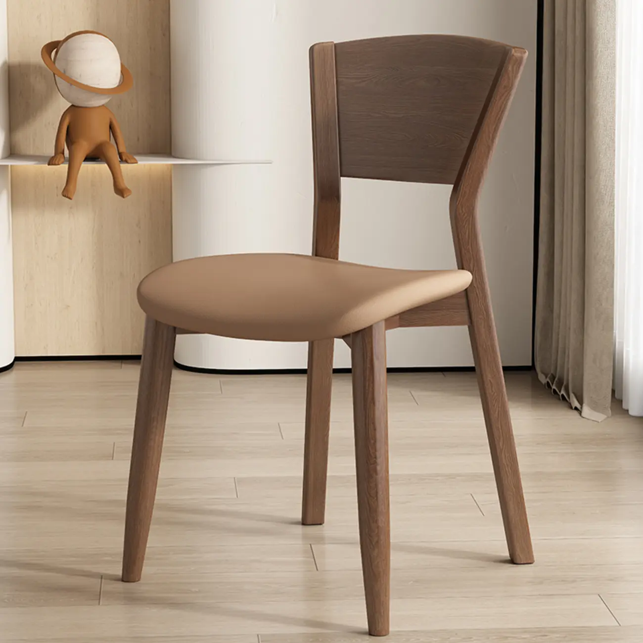 Simple Wooden Open Back Faux Leather Upholstered Dining Chair Image - 16 | homeyfad