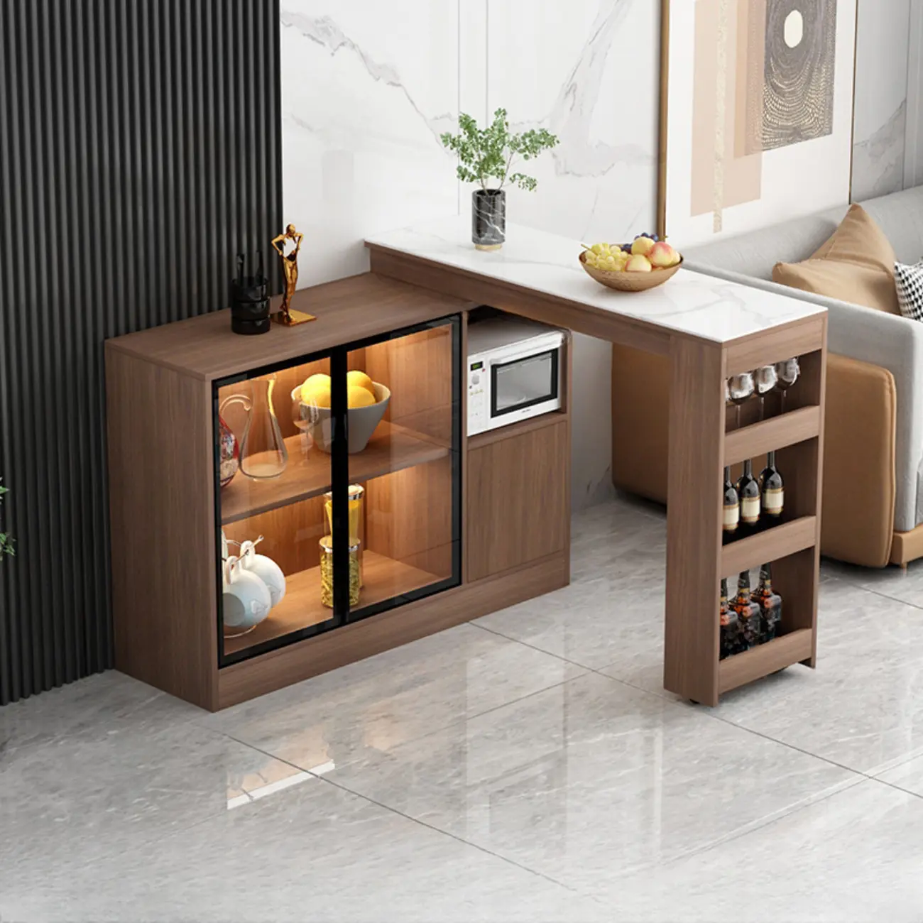 Modern Brown Counter Bar Table with Wine Cabinet Storage for Living Room Image - 11 | homeyfad