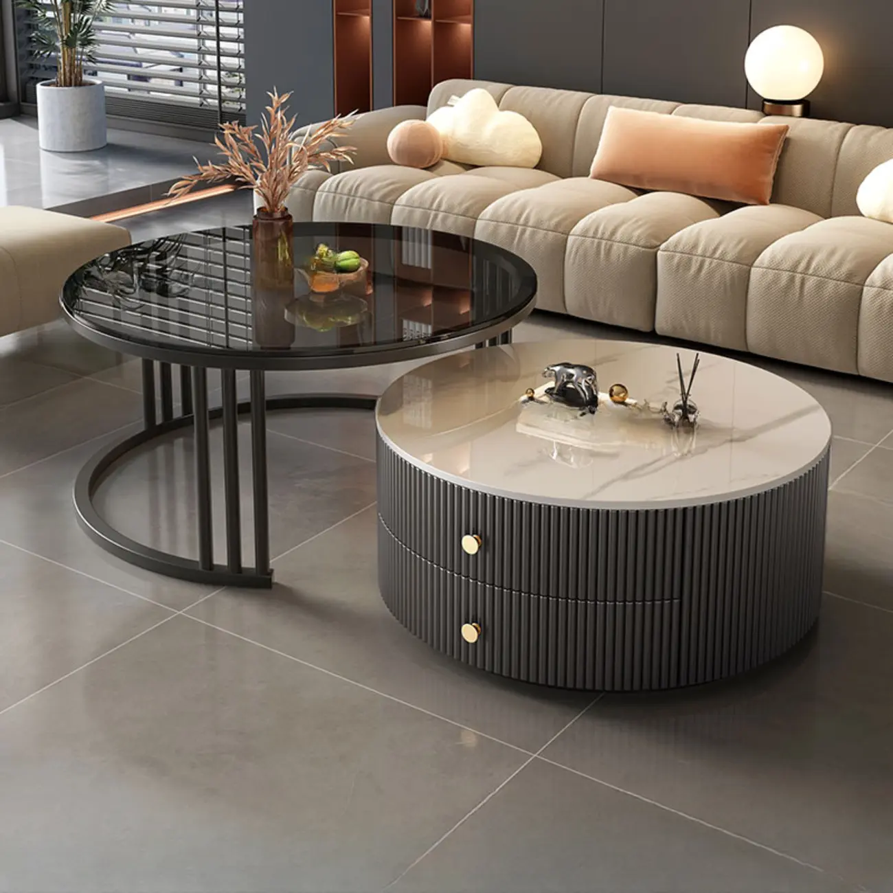 Modern White Round Nesting Coffee Table Set with Steel Base Image - 5 | homeyfad