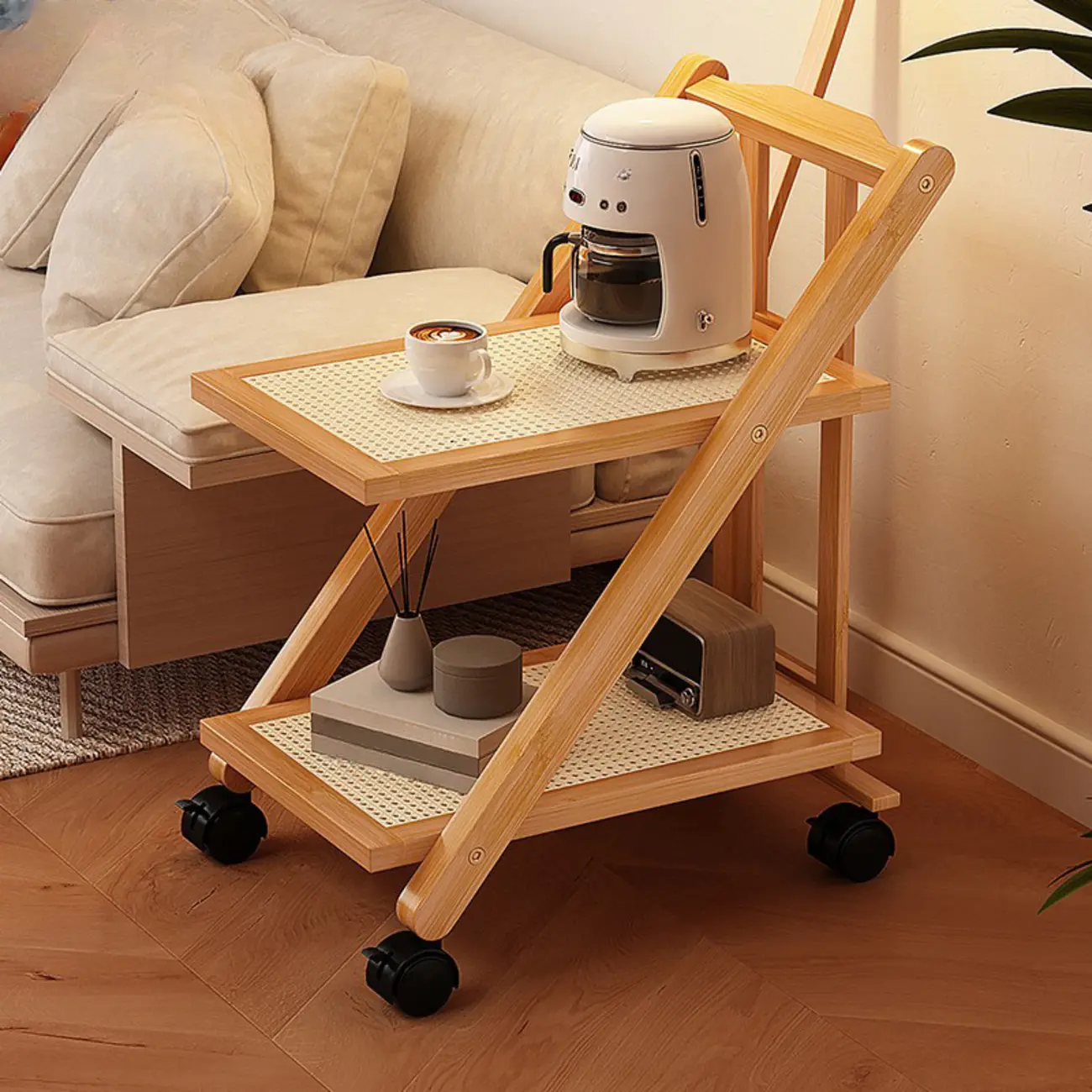 2-Tier Rectangle Plastic Folding Side Table with Wheels Image - 1 | homeyfad
