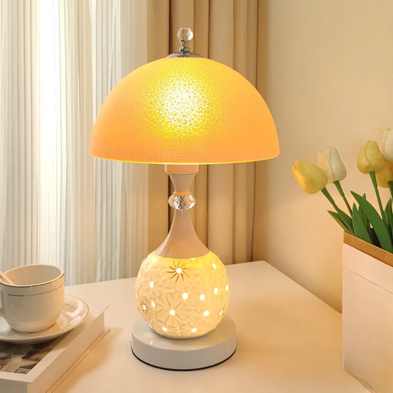 Hollow Floral Ceramic Desk Lamp with Glass Shade for Bedroom Image - 7 | homeyfad