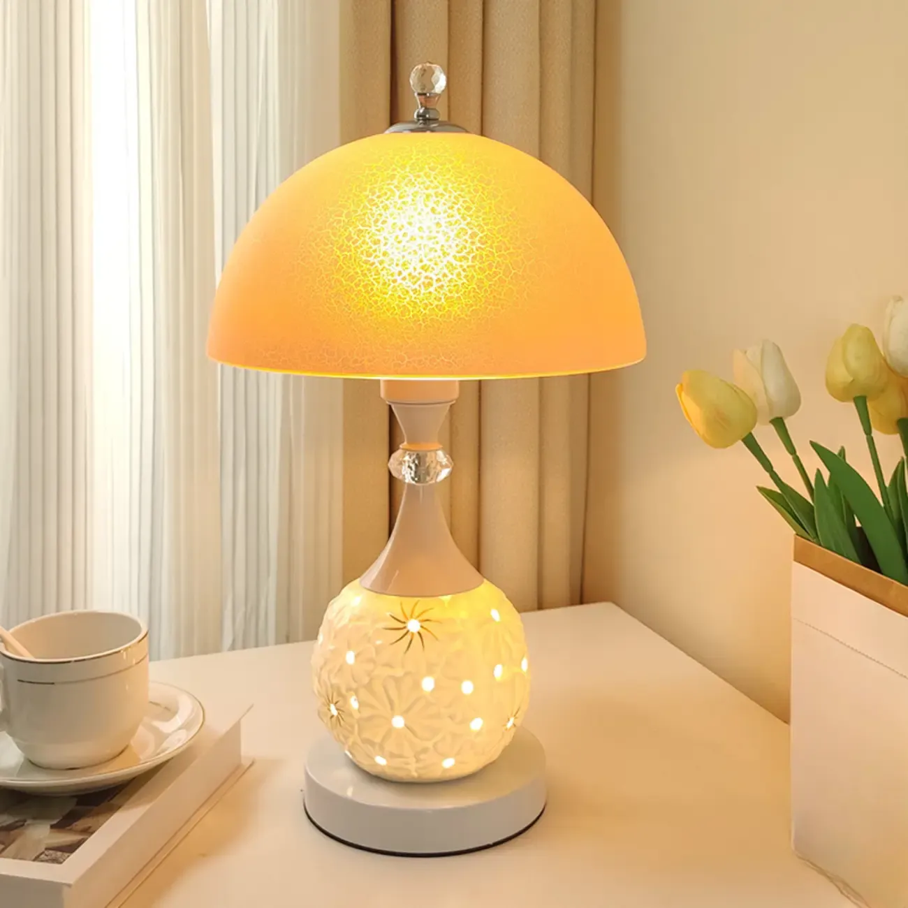 Hollow Floral Ceramic Desk Lamp with Glass Shade for Bedroom Image - 7