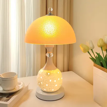 Hollow Floral Ceramic Desk Lamp with Glass Shade for Bedroom Image - 7