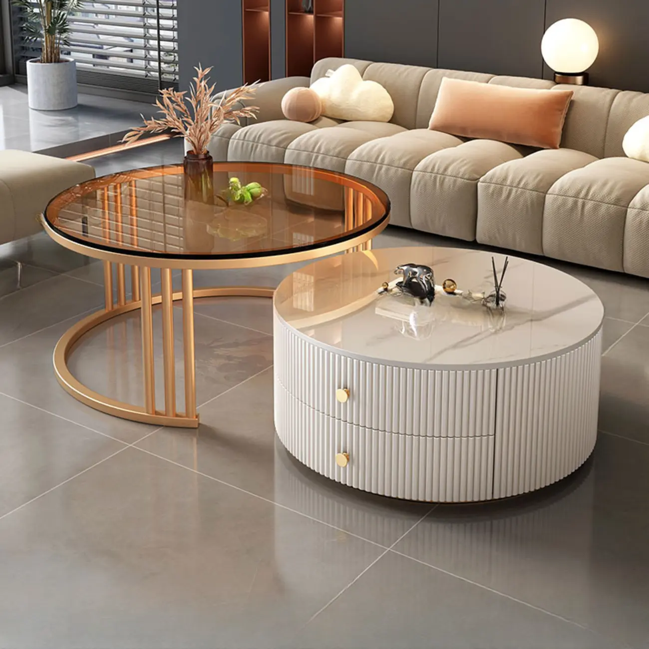 Modern White Round Nesting Coffee Table Set with Steel Base Image - 6 | homeyfad