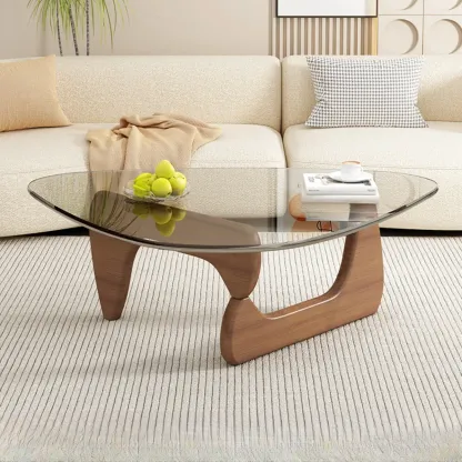 Triangular Glass Top Modern Wood Base Coffee Table Image - 12