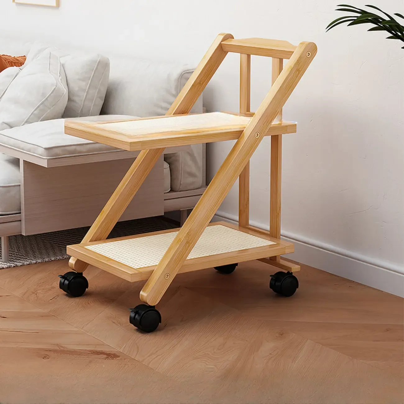 2-Tier Rectangle Plastic Folding Side Table with Wheels Image - 3