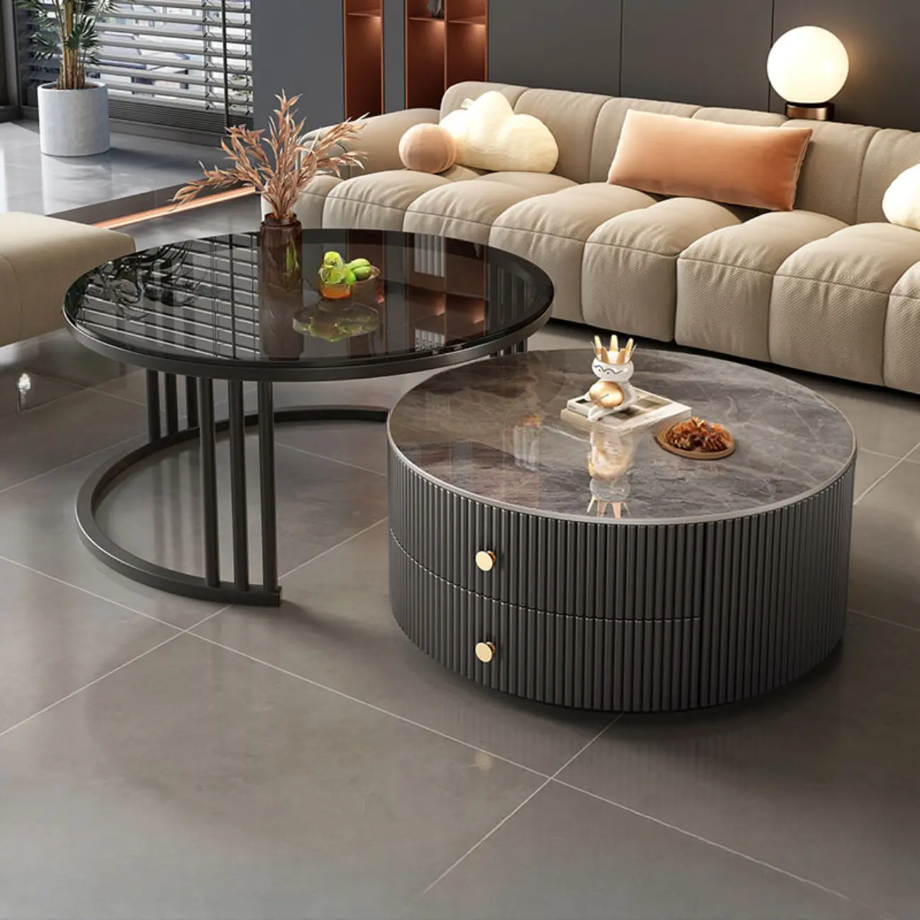 Modern White Round Nesting Coffee Table Set with Steel Base Image - 7 | homeyfad