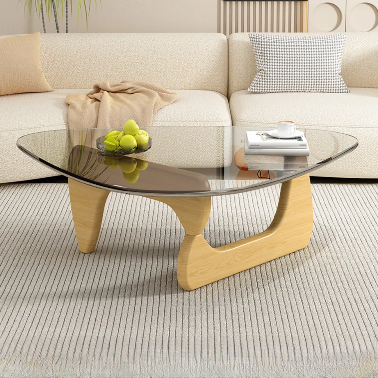 Triangular Glass Top Modern Wood Base Coffee Table Image - 13 | homeyfad