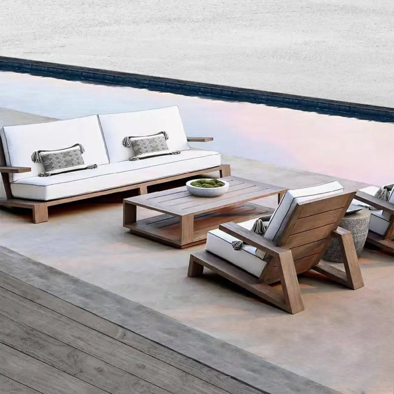 Modern Waterproof Teak Outdoor Sofa with White Cushions Image - 1 | homeyfad