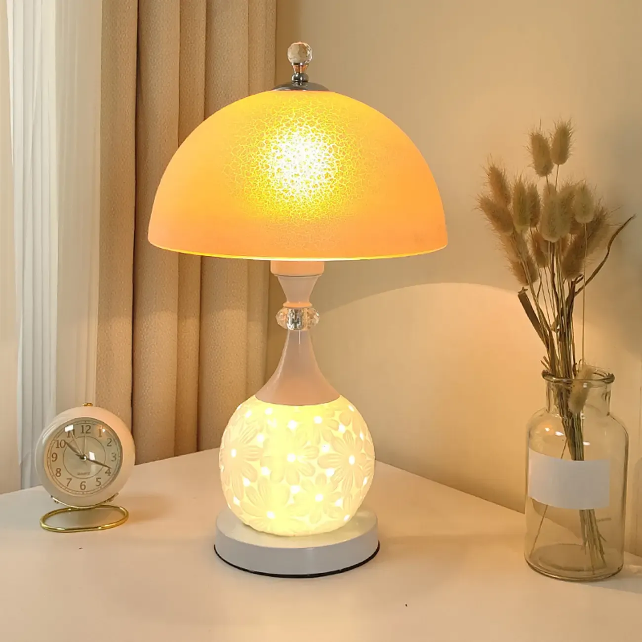 Hollow Floral Ceramic Desk Lamp with Glass Shade for Bedroom Image - 9