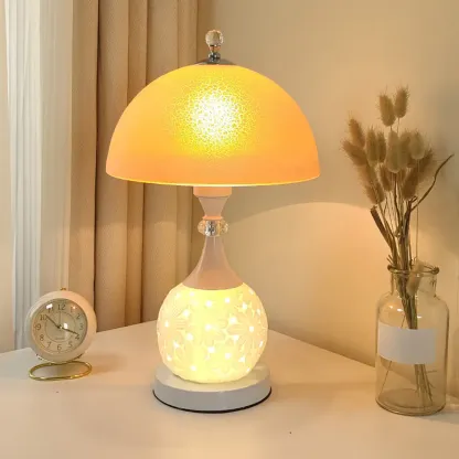Hollow Floral Ceramic Desk Lamp with Glass Shade for Bedroom Image - 9