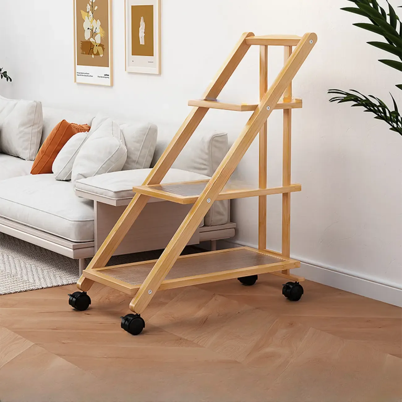 2-Tier Rectangle Plastic Folding Side Table with Wheels Image - 4