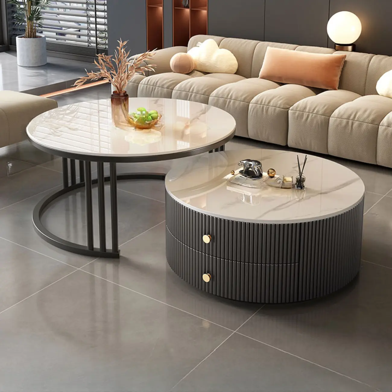 Modern White Round Nesting Coffee Table Set with Steel Base Image - 8 | homeyfad
