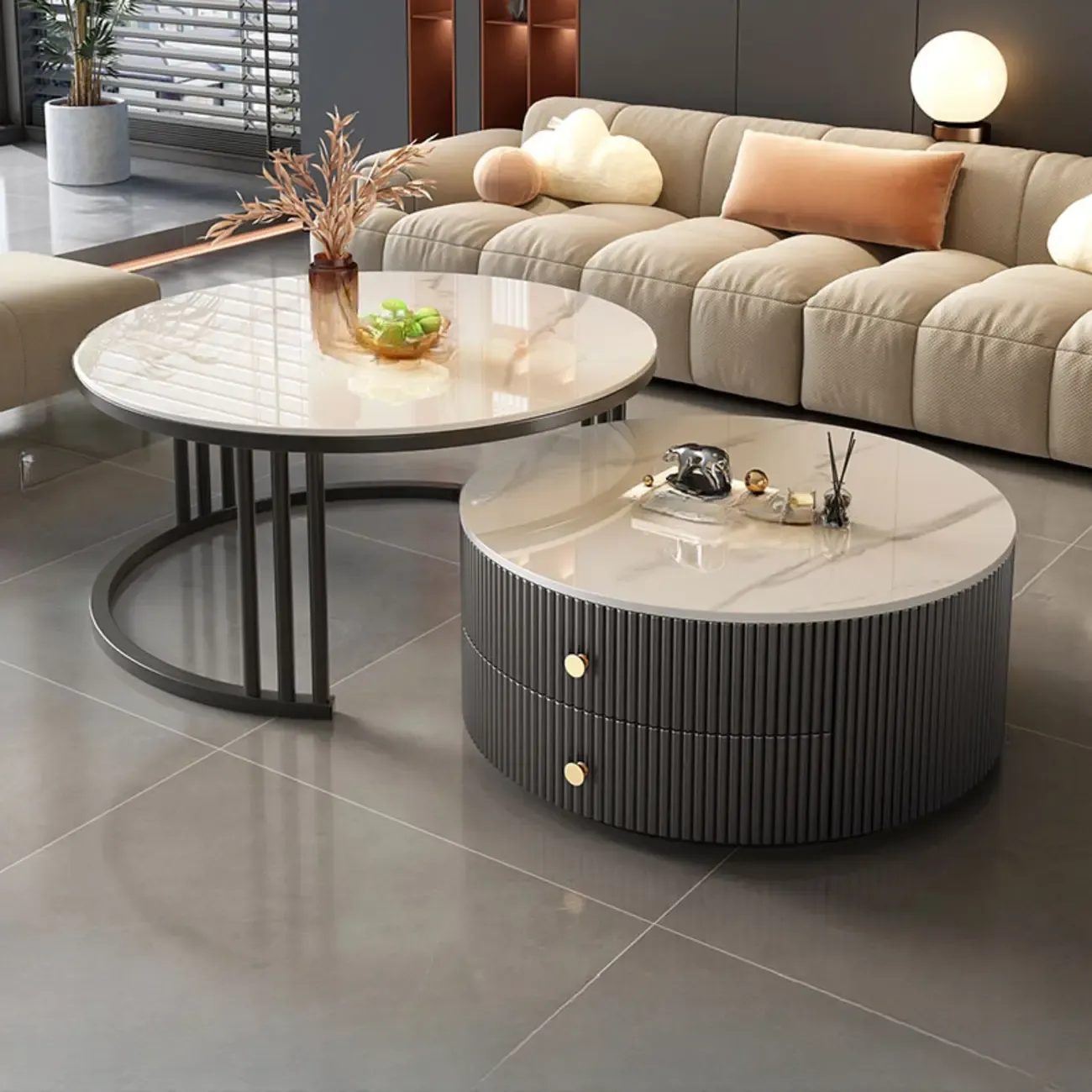 Modern White Round Nesting Coffee Table Set with Steel Base Image - 8