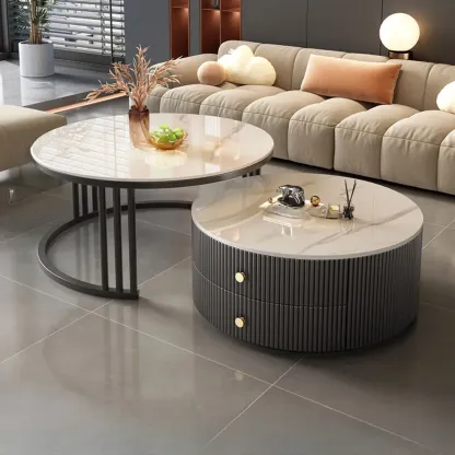 Modern White Round Nesting Coffee Table Set with Steel Base Image - 8