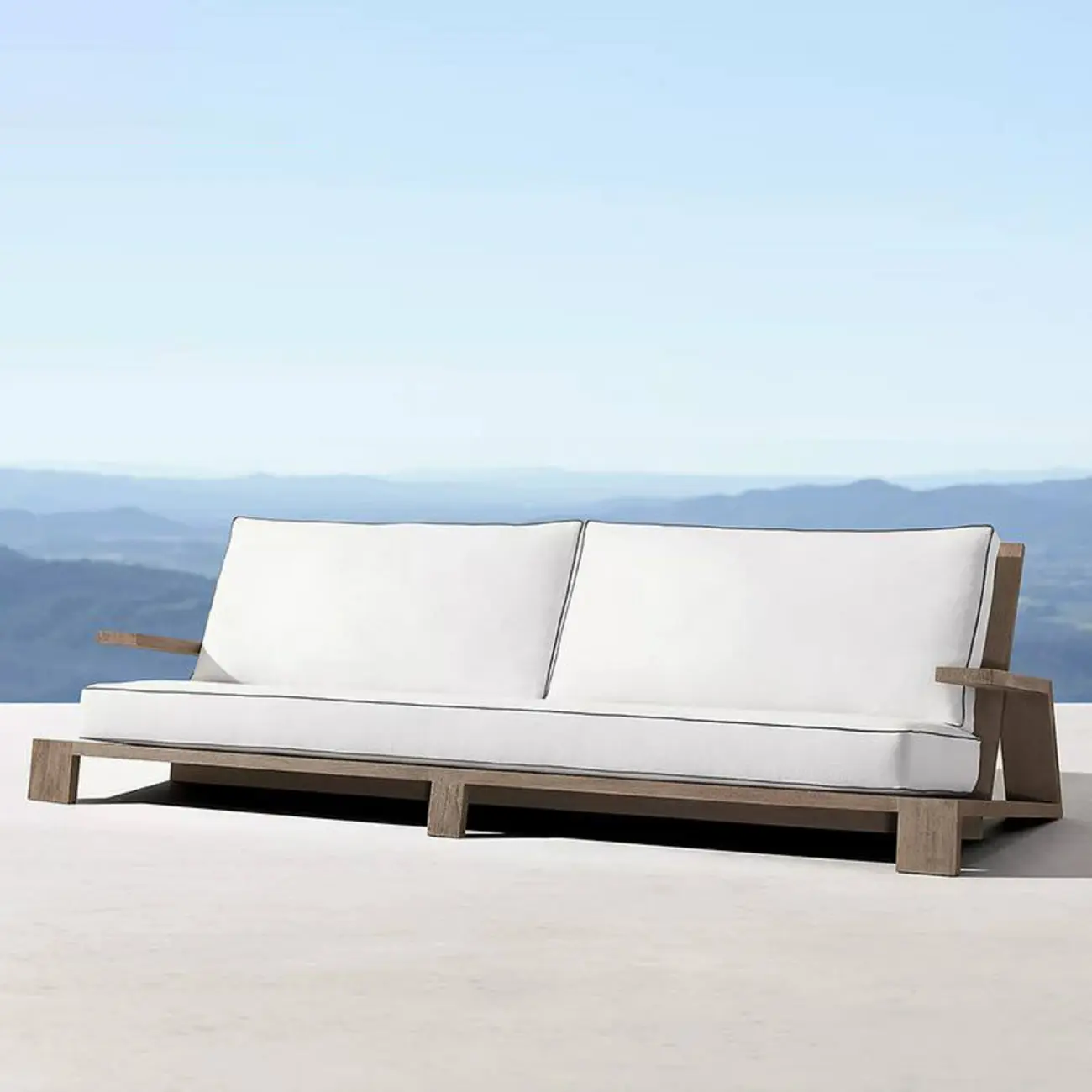 Modern Waterproof Teak Outdoor Sofa with White Cushions Image - 2 | homeyfad