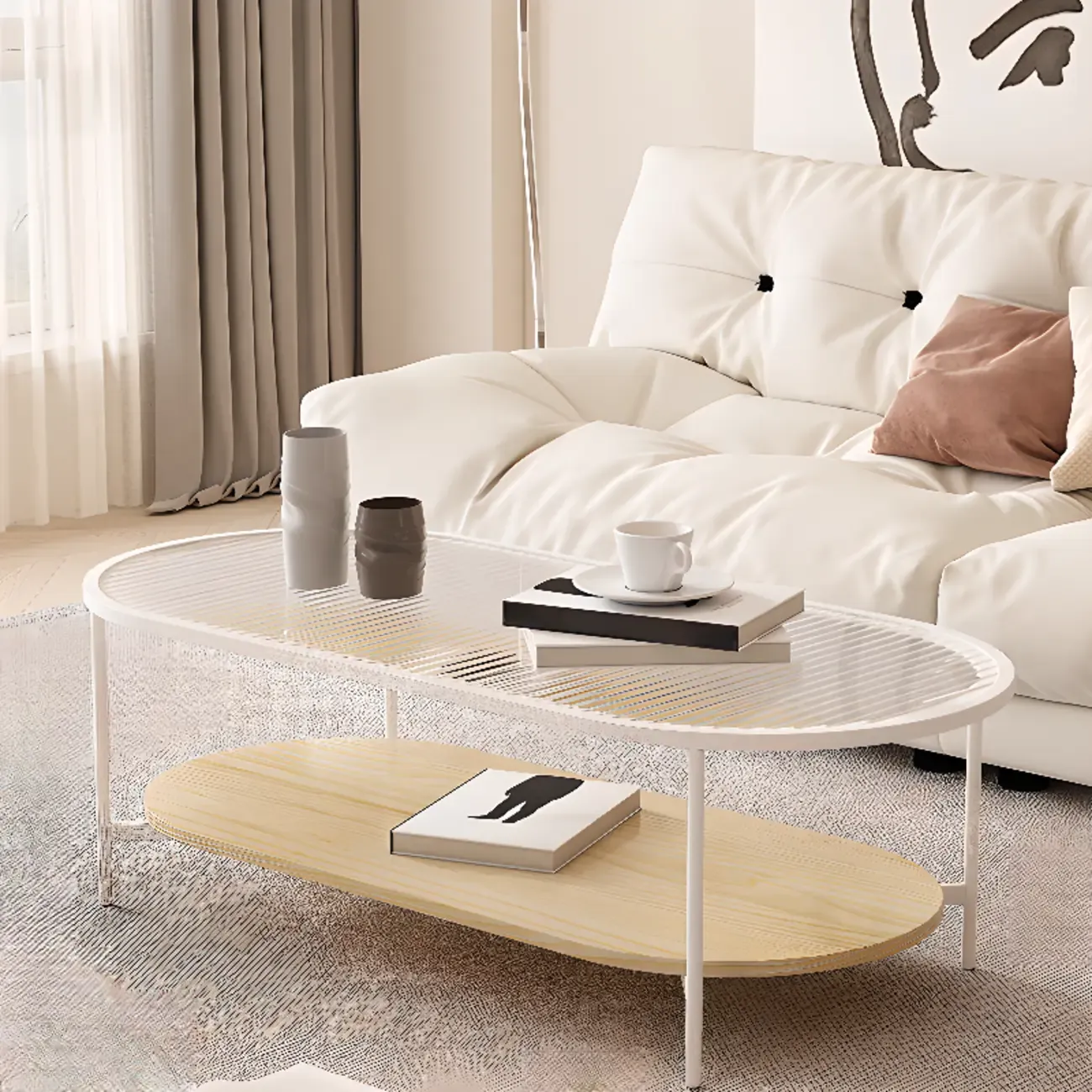 2 Tiers Minimalistic Glass White Oval Coffee Table with Shelf Image - 1
