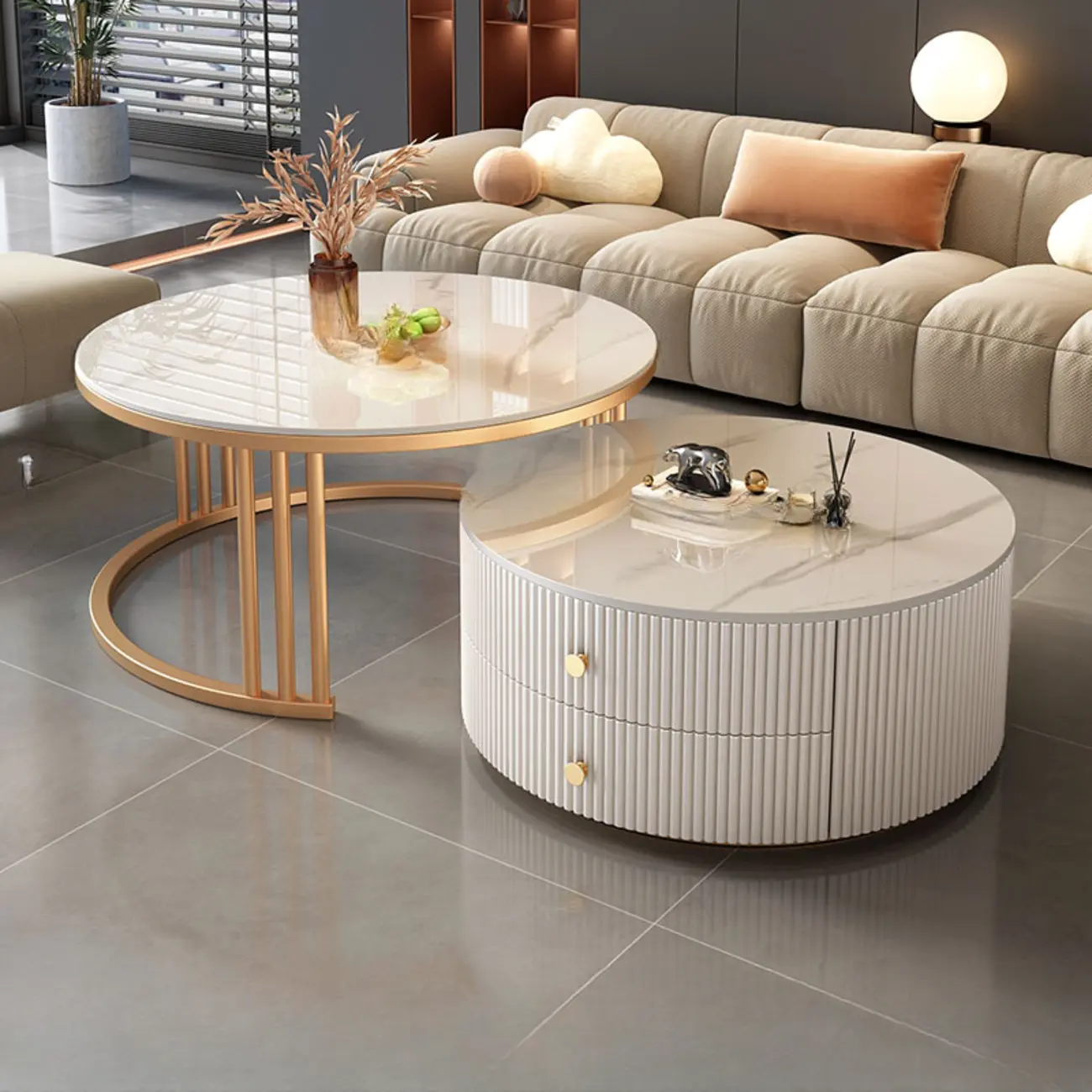 Modern White Round Nesting Coffee Table Set with Steel Base Image - 9 | homeyfad