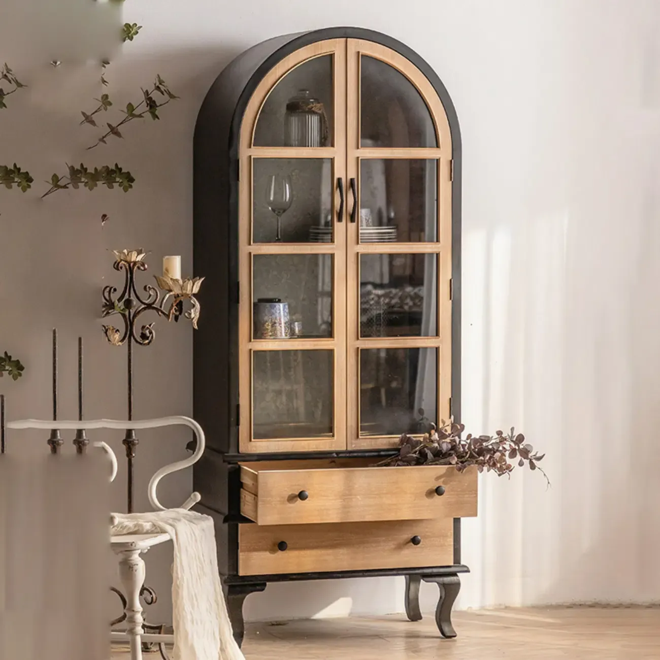 Vintage Wood and Metal Curved Display Cabinet for Living Room Image - 1