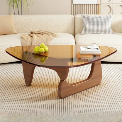 Triangular Glass Top Modern Wood Base Coffee Table Image - 15