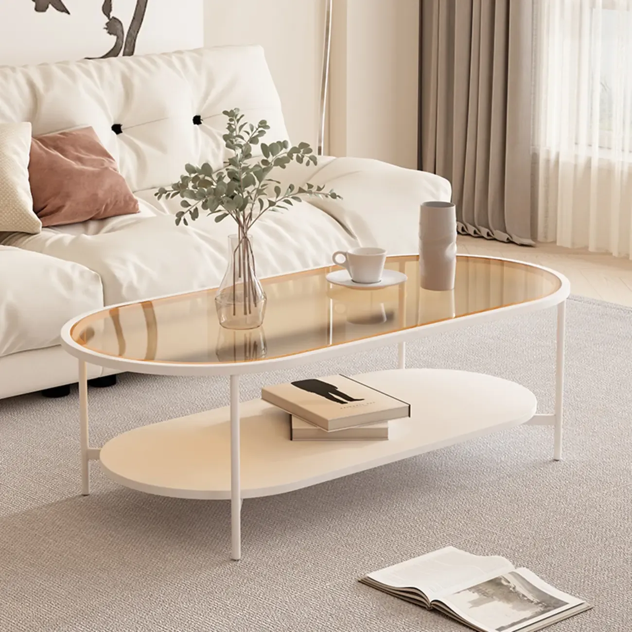 2 Tiers Minimalistic Glass White Oval Coffee Table with Shelf Image - 2
