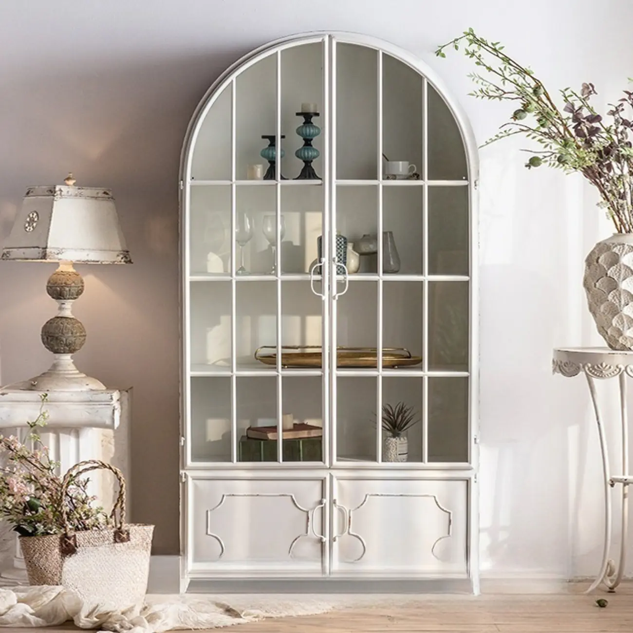 Vintage Wood and Metal Curved Display Cabinet for Living Room Image - 2 | homeyfad